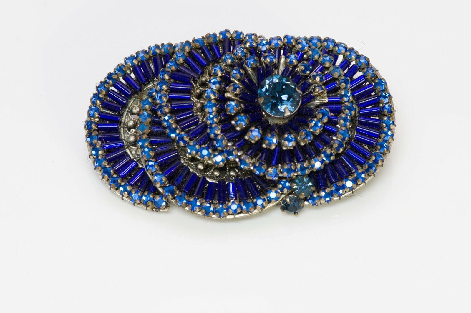 Miriam Haskell 1950’s Blue Crystal Beaded Disc Flower Brooch Earrings Set