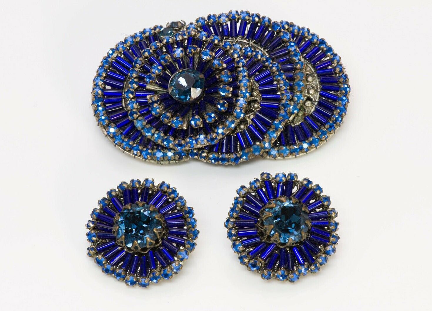 Miriam Haskell 1950’s Blue Crystal Beaded Disc Flower Brooch Earrings Set