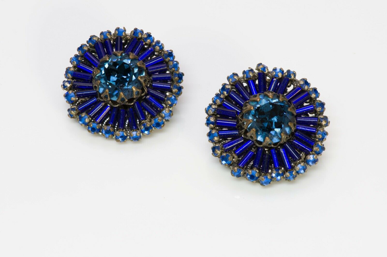 Miriam Haskell 1950’s Blue Crystal Beaded Disc Flower Brooch Earrings Set