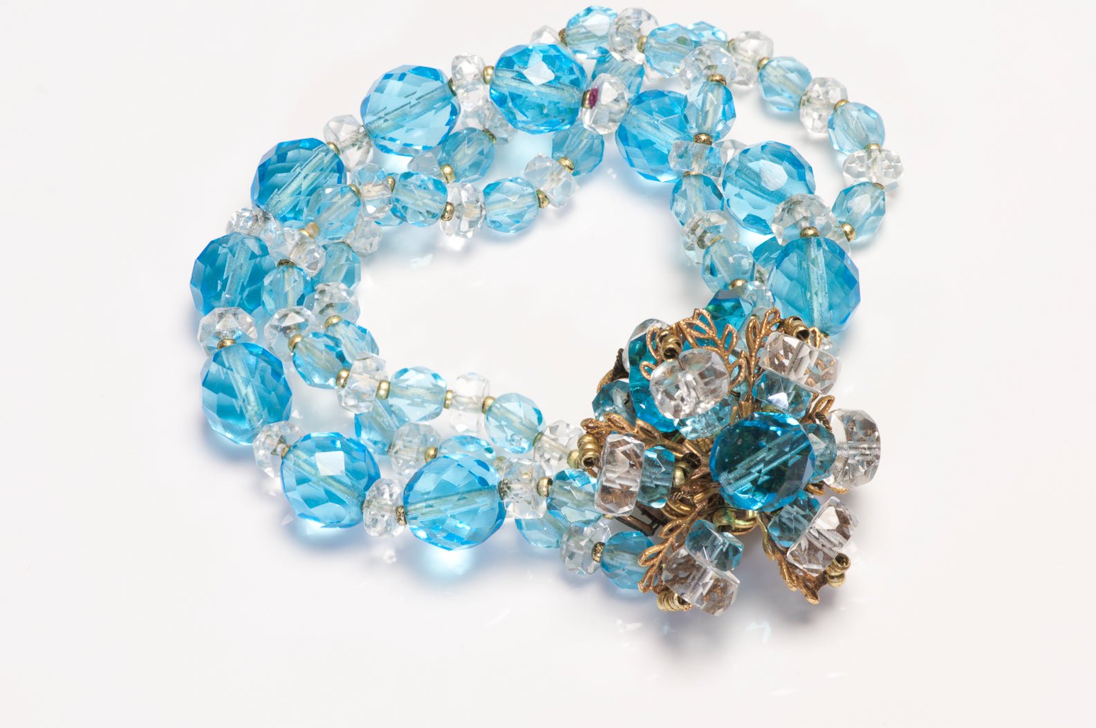 Miriam Haskell 1950’s Blue Crystal Glass Flower Necklace Earrings Bracelet Set