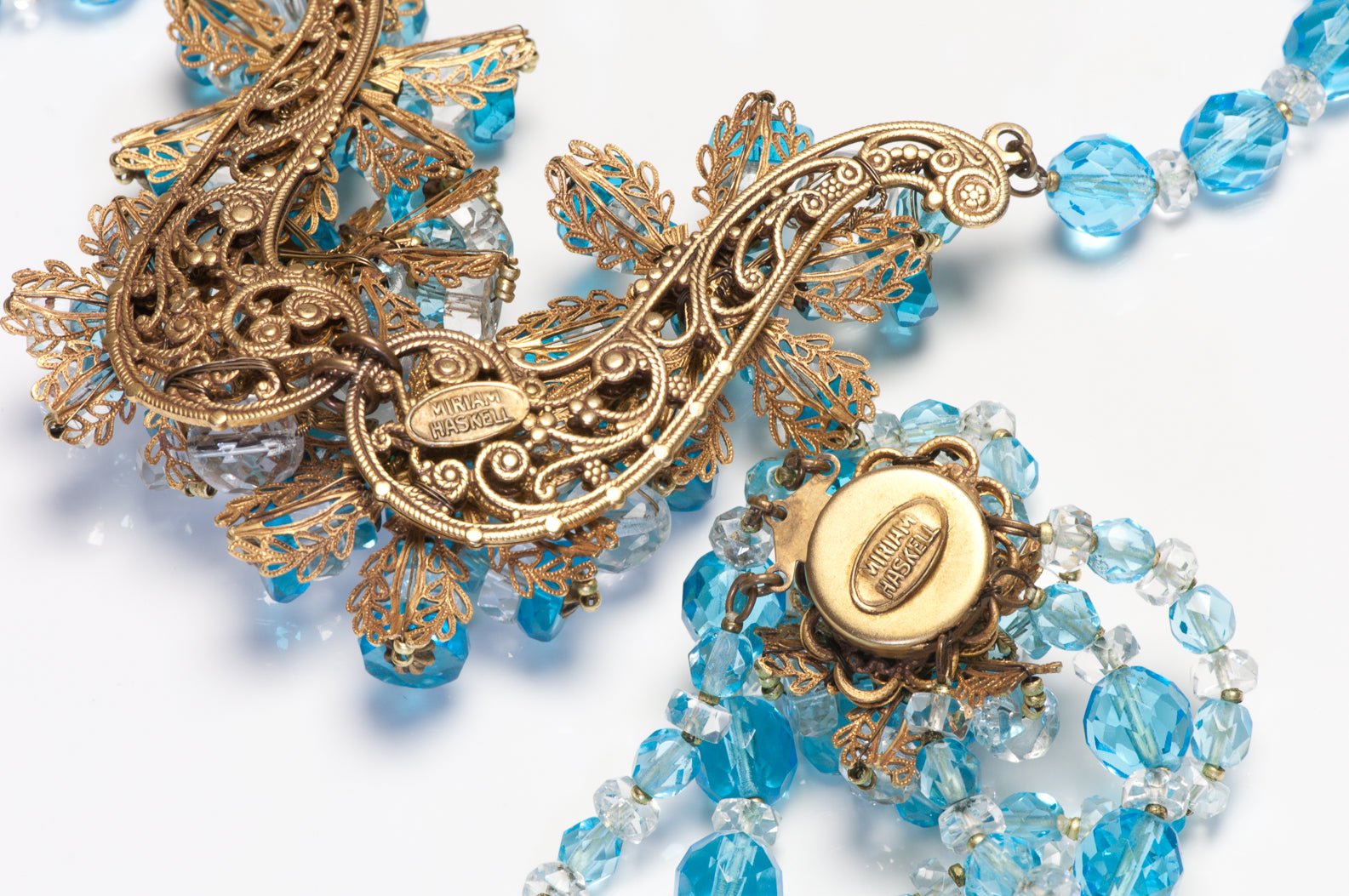 Miriam Haskell 1950’s Blue Crystal Glass Flower Necklace Earrings Bracelet Set