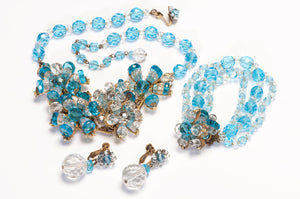 Miriam Haskell 1950’s Blue Crystal Glass Flower Necklace Earrings Bracelet Set