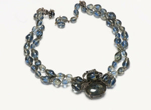 Miriam Haskell 1950’s Blue Glass Beads Leaf Pattern Collar Necklace
