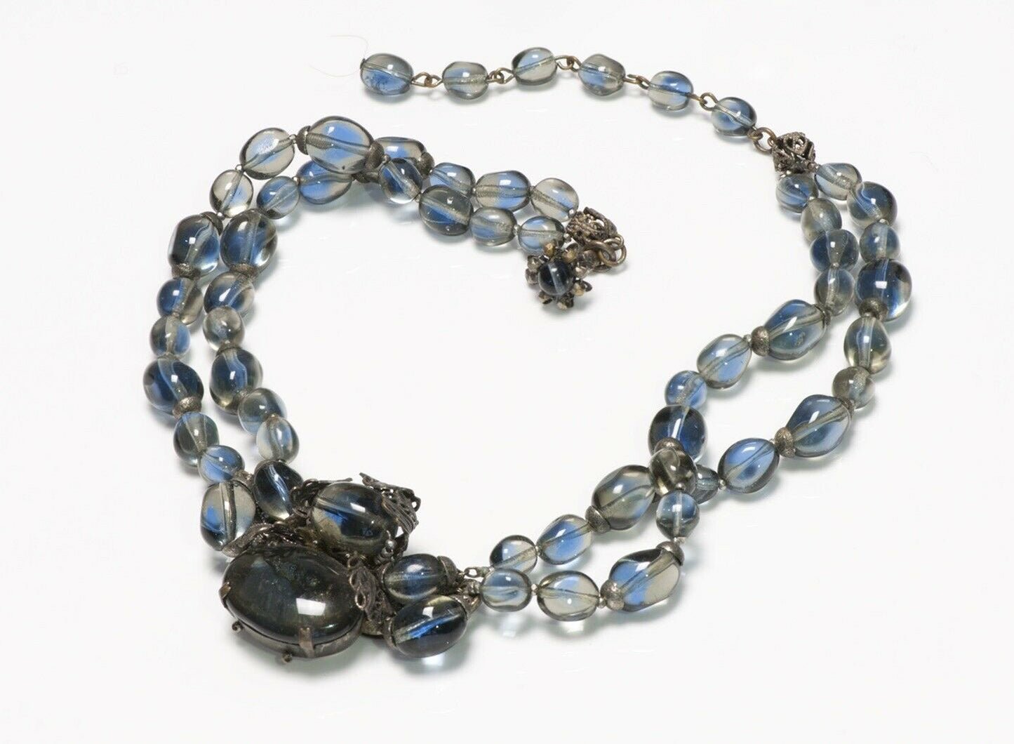 Miriam Haskell 1950’s Blue Glass Beads Leaf Pattern Collar Necklace