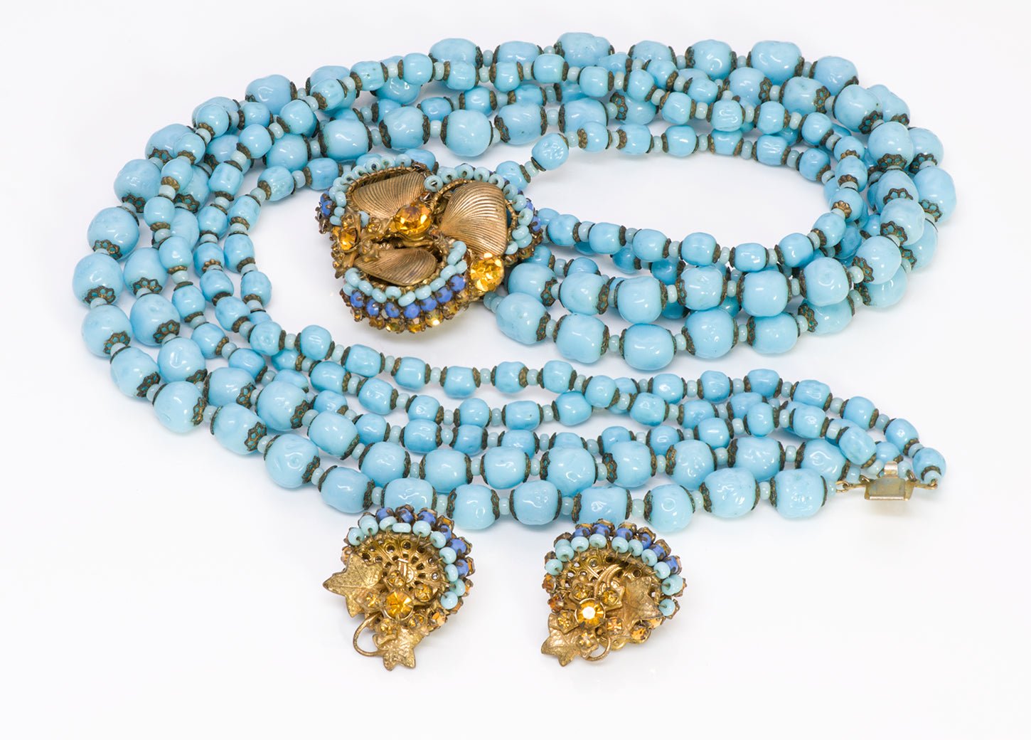 Miriam Haskell 1950’s Blue Gripoix Glass Beads Necklace Earrings