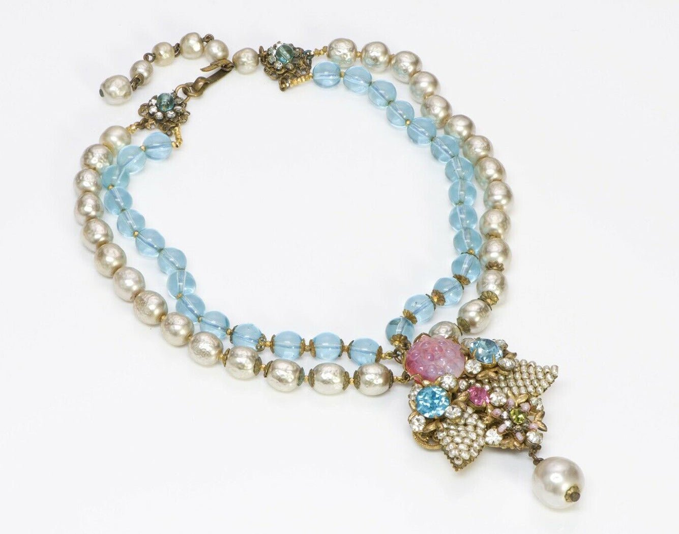 Miriam Haskell 1950’s Blue Pink Glass Beads Pearls Collar Necklace