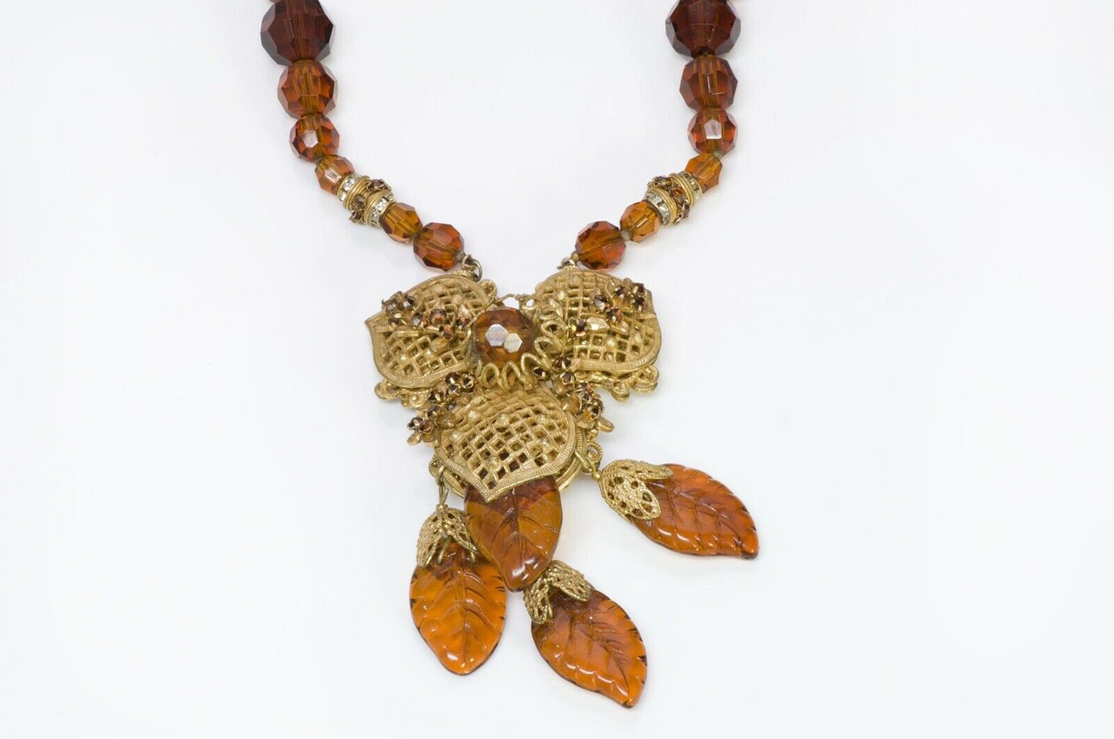 Miriam Haskell 1950’s Brown Glass Leaf Flower Necklace