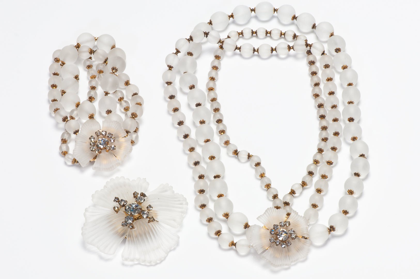 Miriam Haskell 1950's Clear Frosted Glass Beads Flower Necklace Bracelet Brooch Set