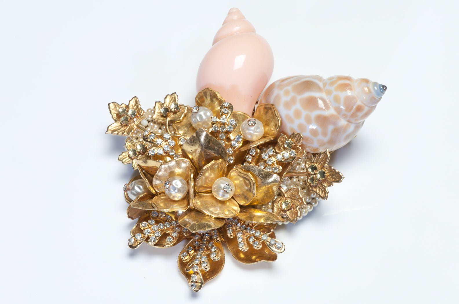 Miriam Haskell 1950’s Faux Pearl Crystal Pink Shell Flower Leaf Large Brooch