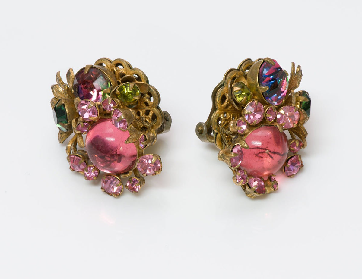 Miriam Haskell 1950s Frank Hess Pink Green Glass Brooch Earrings Set 0780