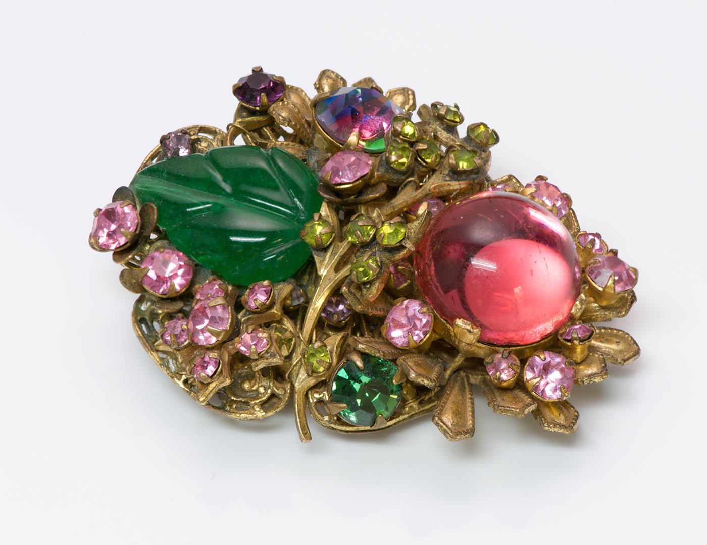 Miriam Haskell 1950’s Frank Hess Pink Green Glass Brooch Earrings Set
