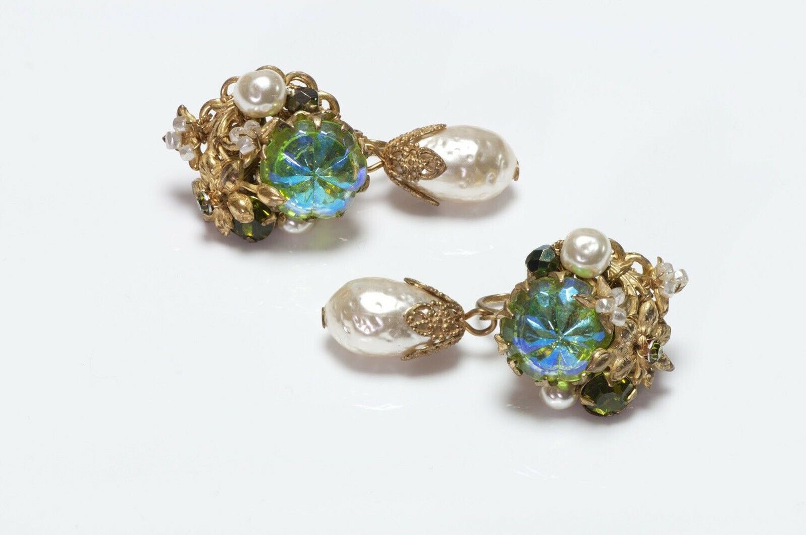 Miriam Haskell 1950’s Green Crystal Pearl Drop Earrings