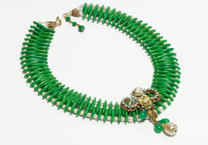 Miriam Haskell 1950’s Green Glass Beads Pearl Crystal Collar Necklace