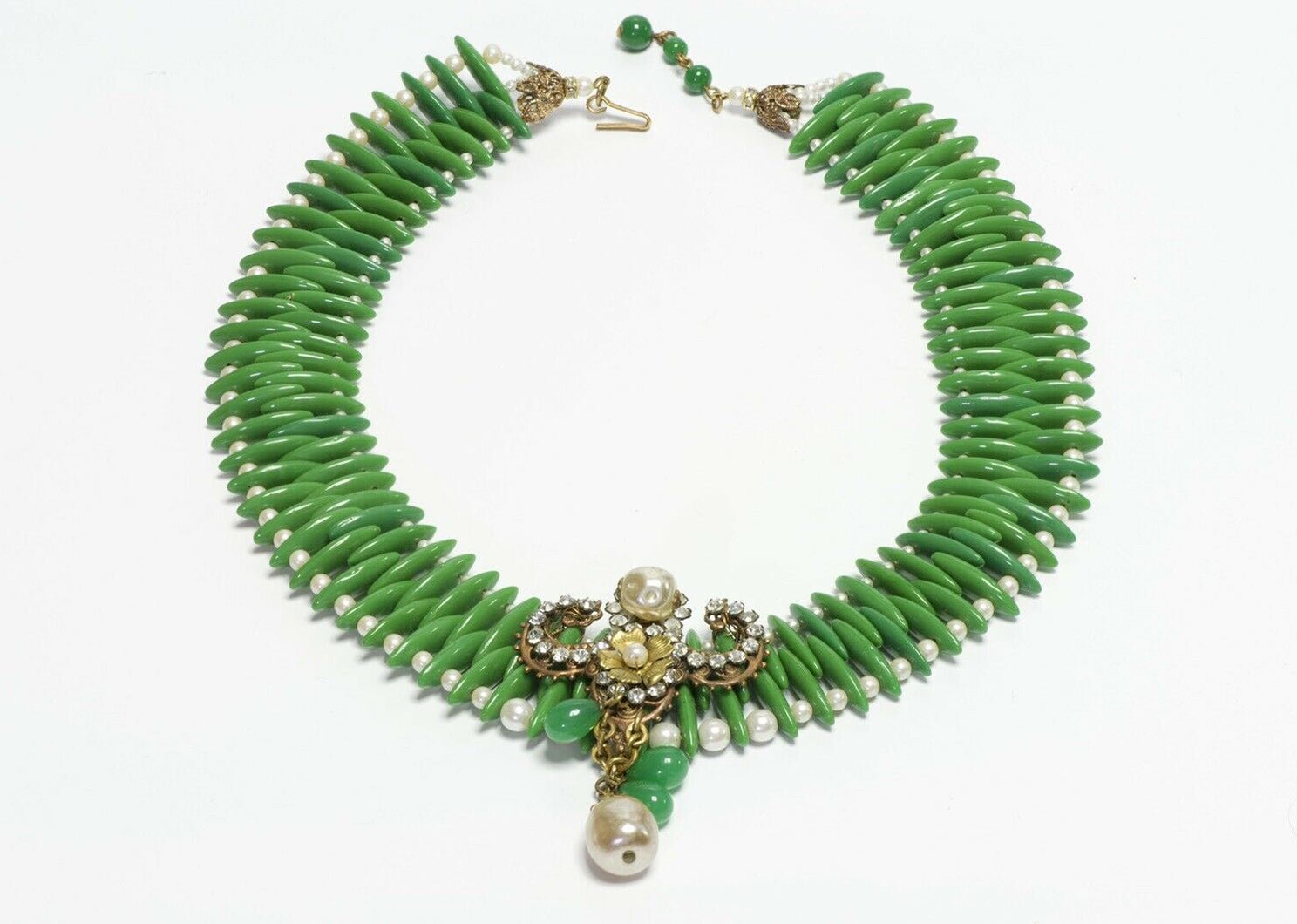 Miriam Haskell 1950’s Green Glass Beads Pearl Crystal Collar Necklace
