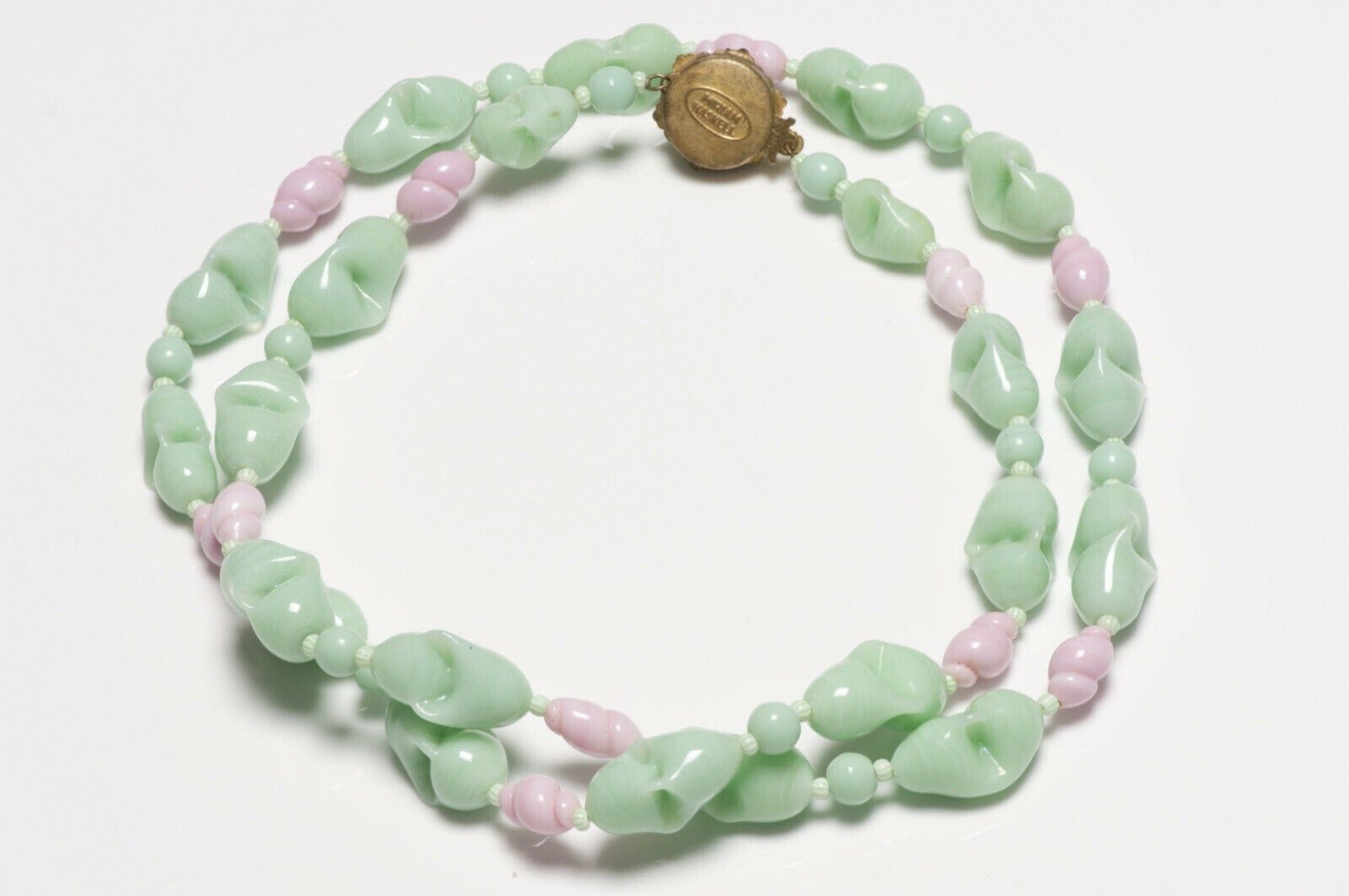 Miriam Haskell 1950’s Green Pink Glass Beads Collar Necklace