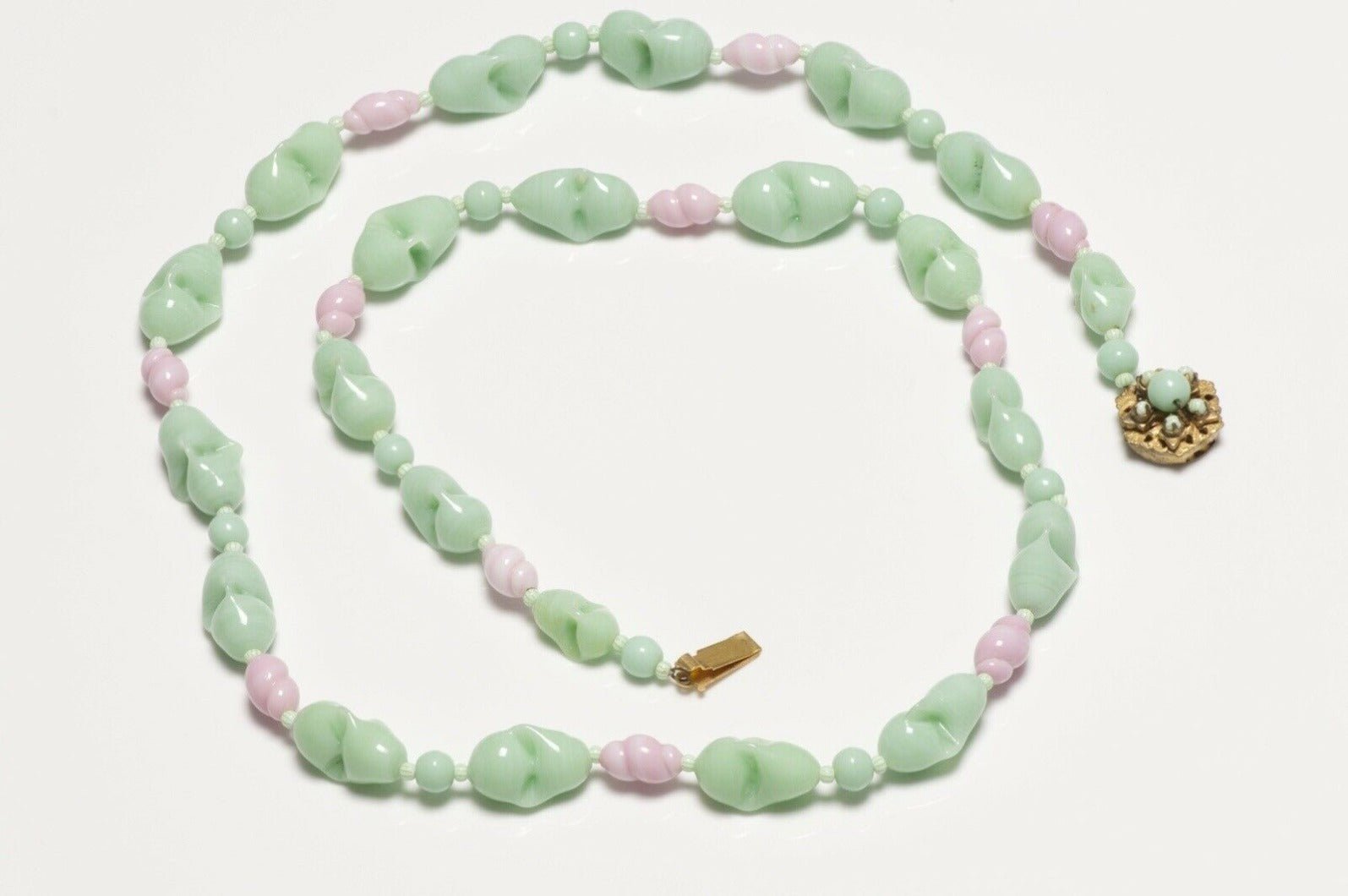 Miriam Haskell 1950’s Green Pink Glass Beads Collar Necklace