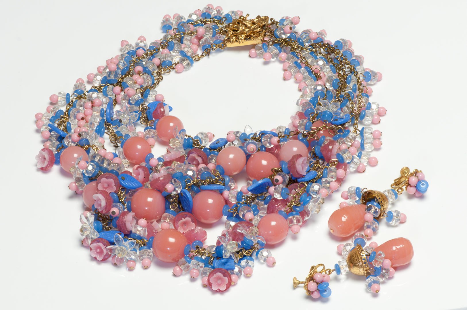 Miriam Haskell 1950’s Gripoix Pink Glass Beads Blue Flower Earrings Necklace Set