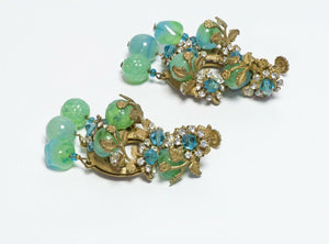 Miriam Haskell 1950’s Long Green Blue Glass Beads Flower Leaf Crystal Earrings
