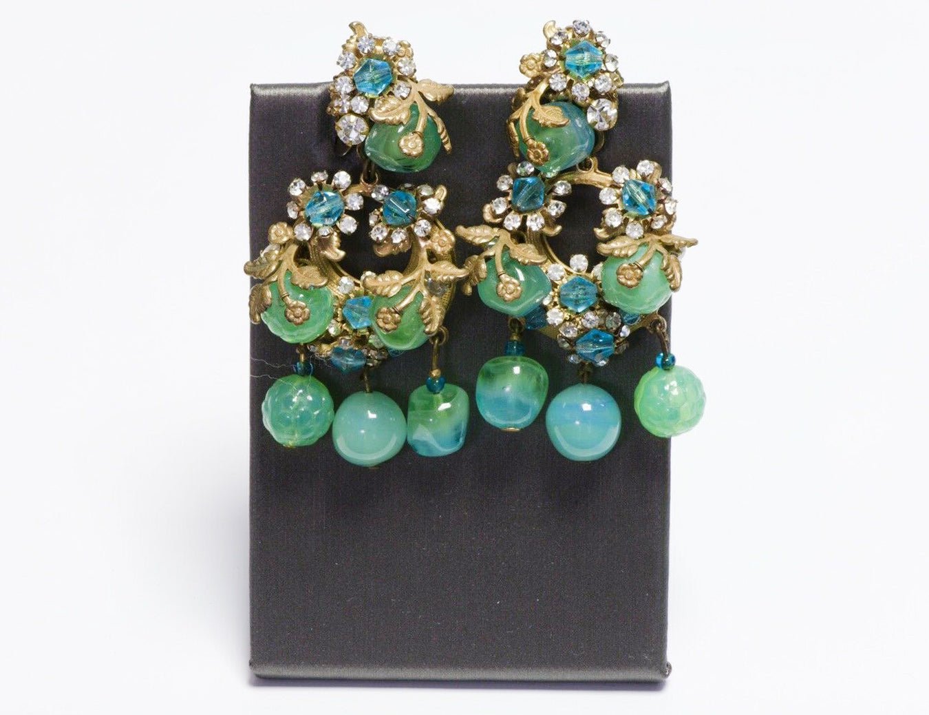 Miriam Haskell 1950’s Long Green Blue Glass Beads Flower Leaf Crystal Earrings