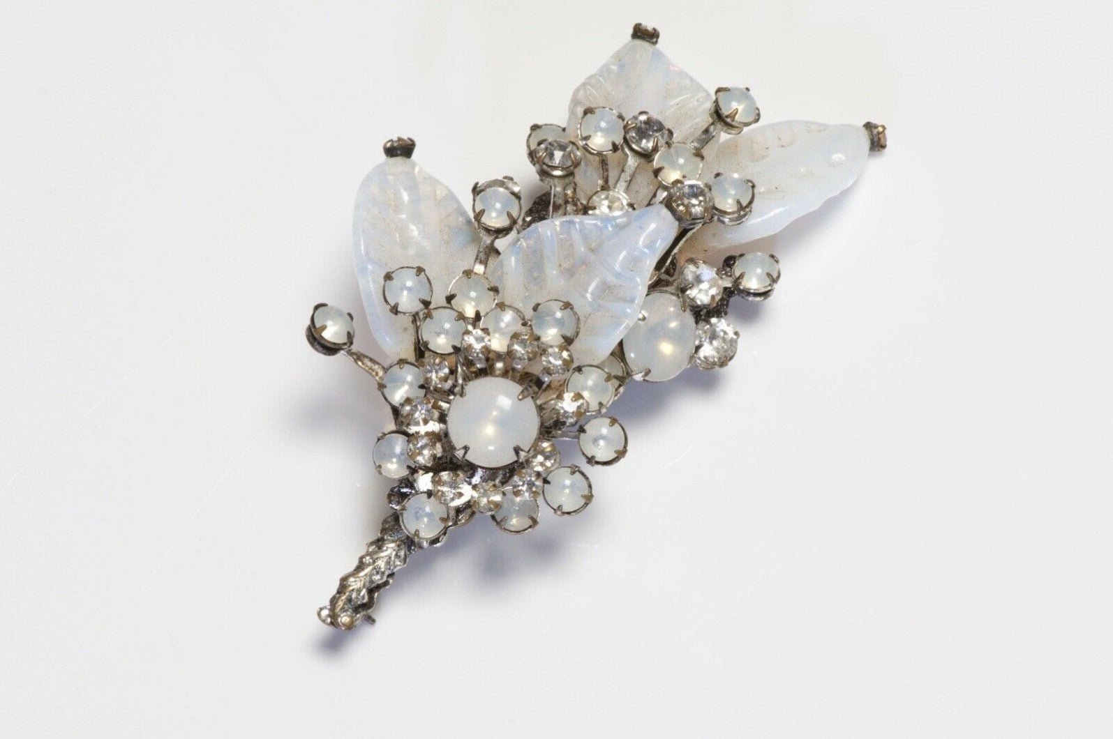 Miriam Haskell 1950’s Opaline Poured Glass Crystal Flower Leaf Brooch