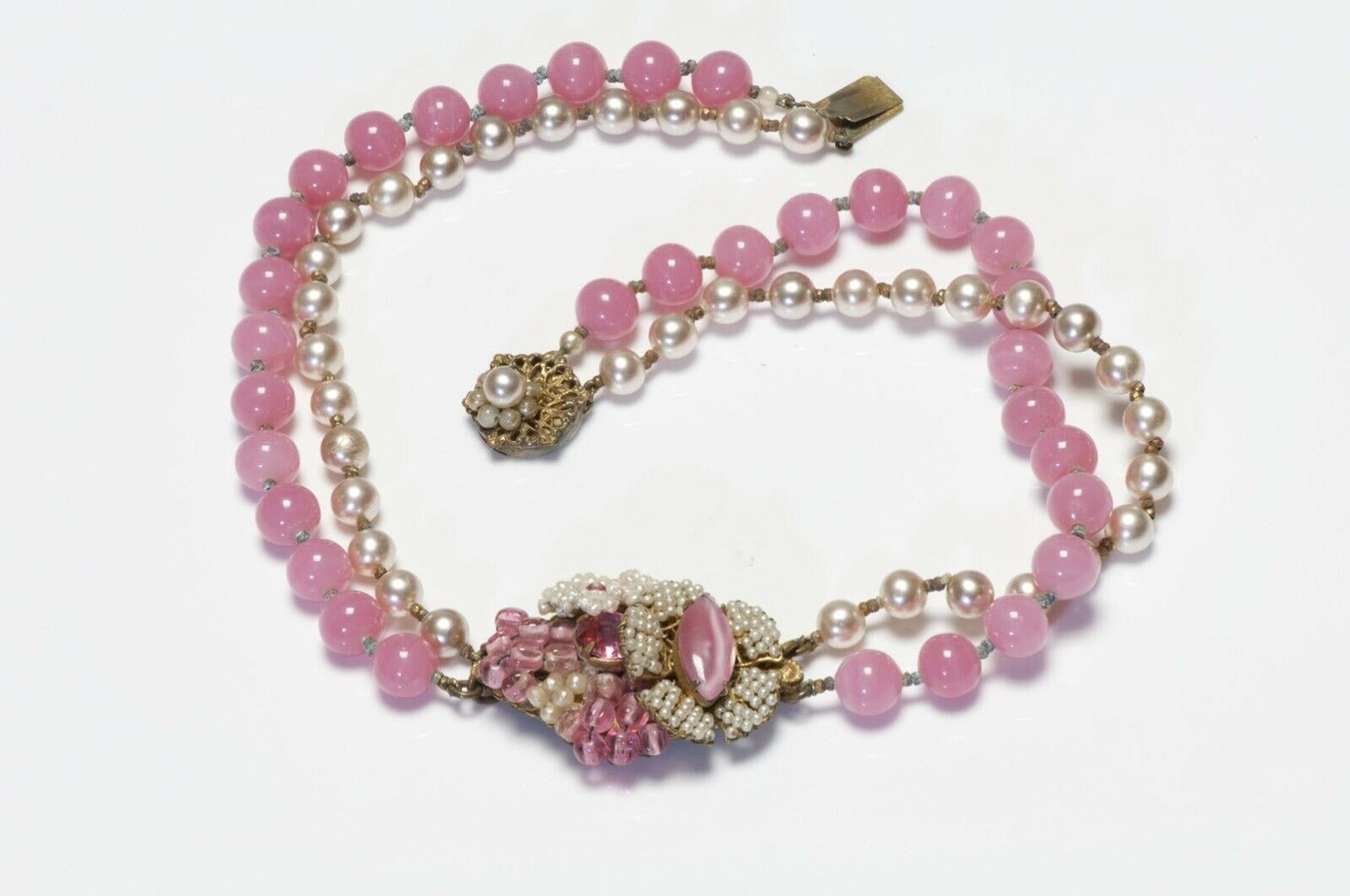 Miriam Haskell 1950’s Pink Glass Beads Faux Pearl Flower Choker Necklace