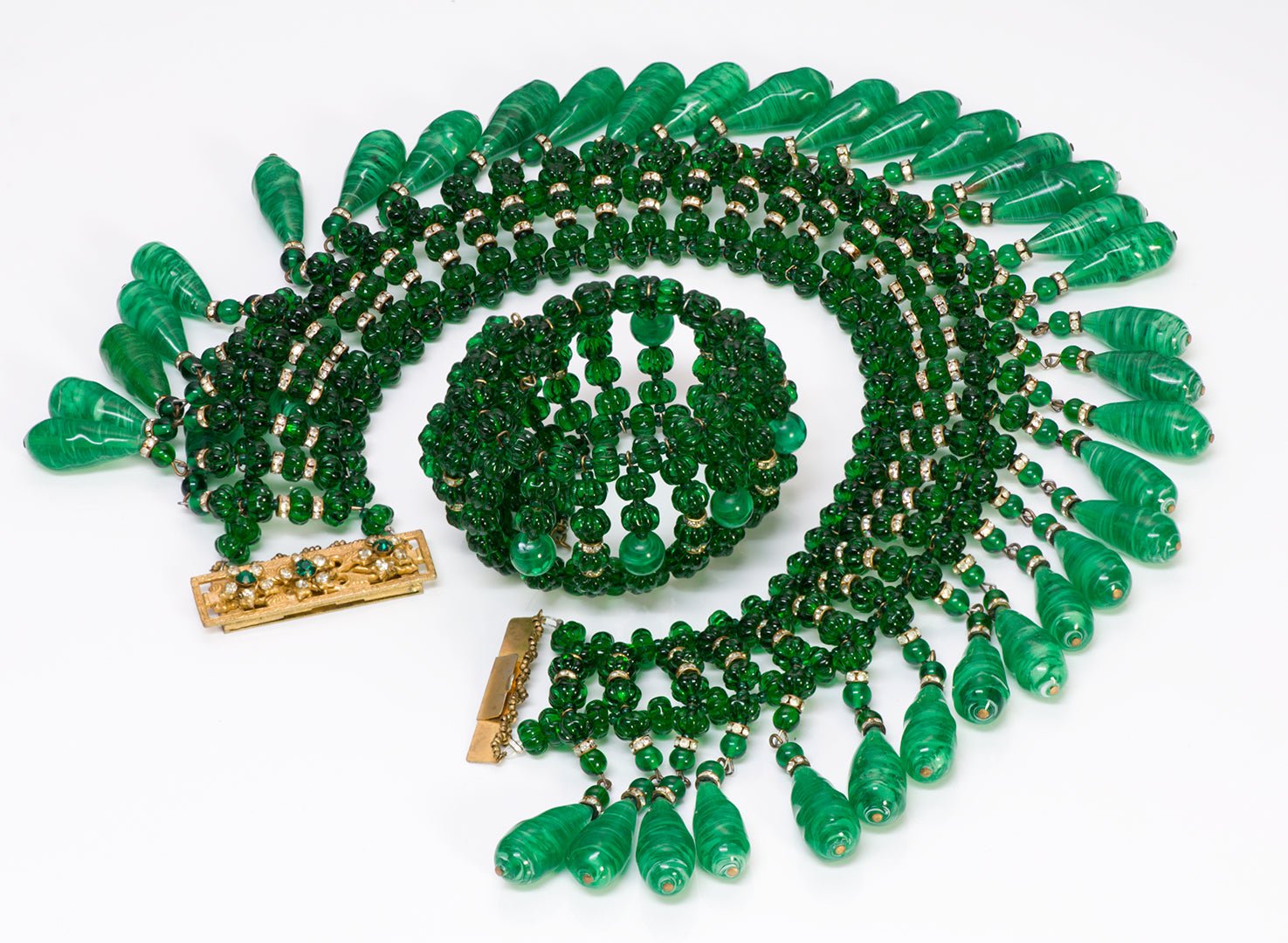 Miriam Haskell 1950's Robert Clark Gripoix Green Beads Necklace/Bracelet