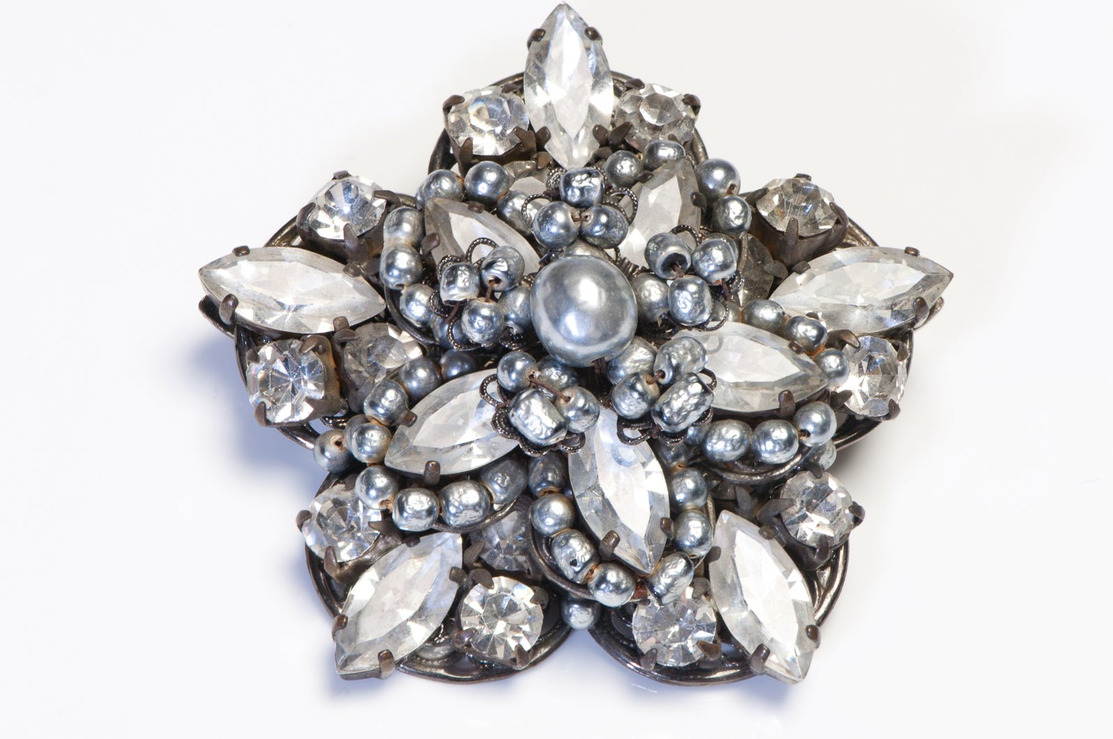 Miriam Haskell 1950’s Silver Pearl Crystal Flower Earrings Brooch Set