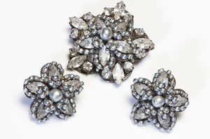 Miriam Haskell 1950’s Silver Pearl Crystal Flower Earrings Brooch Set
