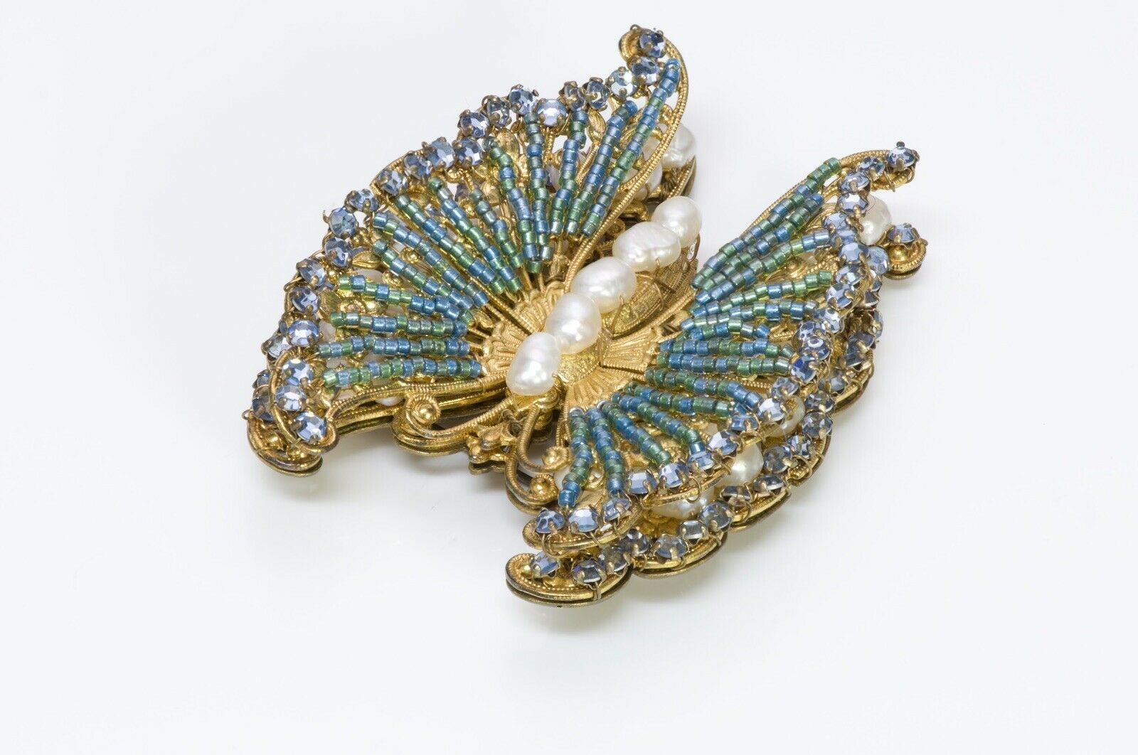 Miriam Haskell Beaded Crystal Pearl Butterfly Brooch