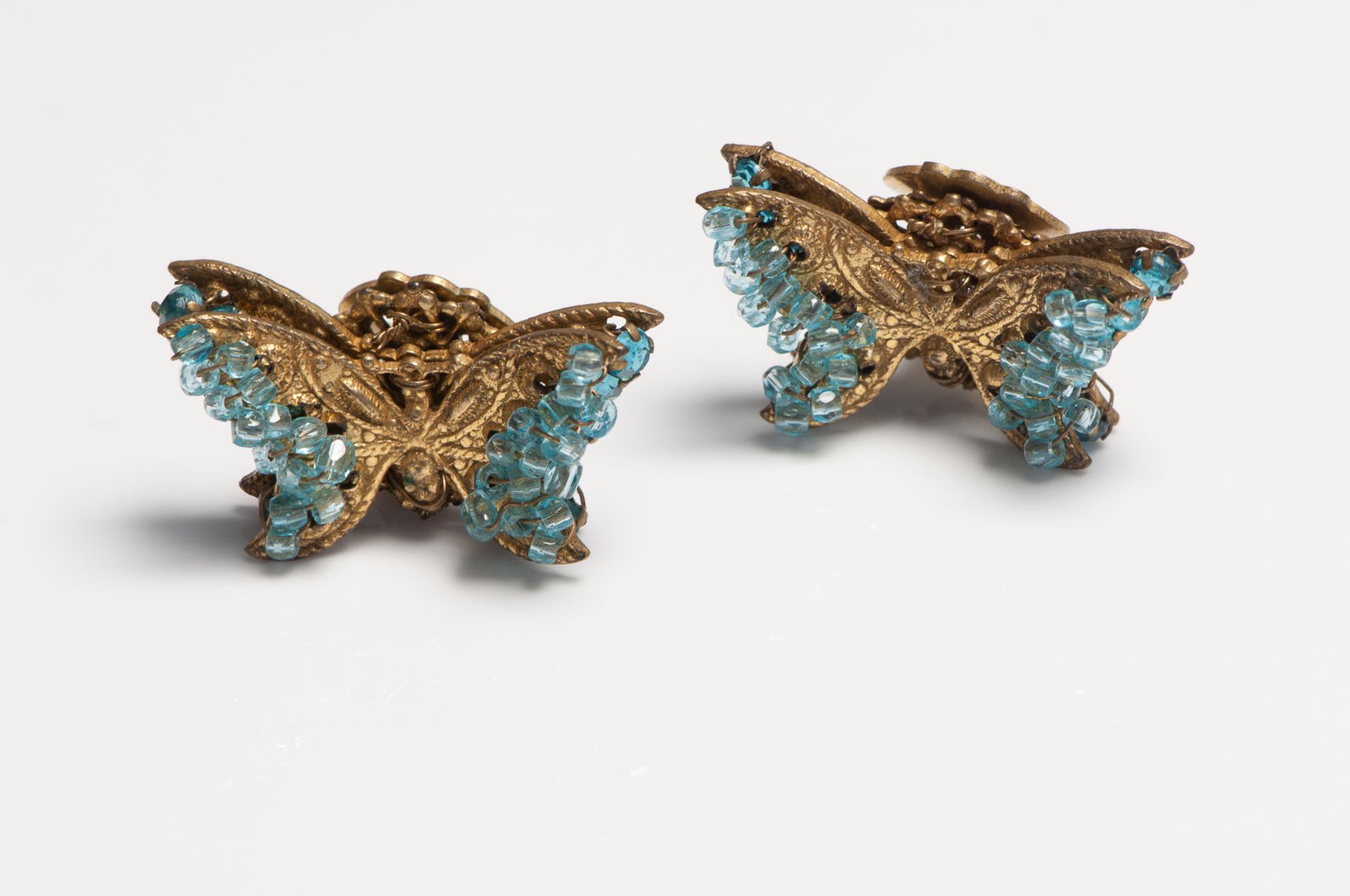 Miriam Haskell Blue Glass Beads Crystal Butterfly Earrings