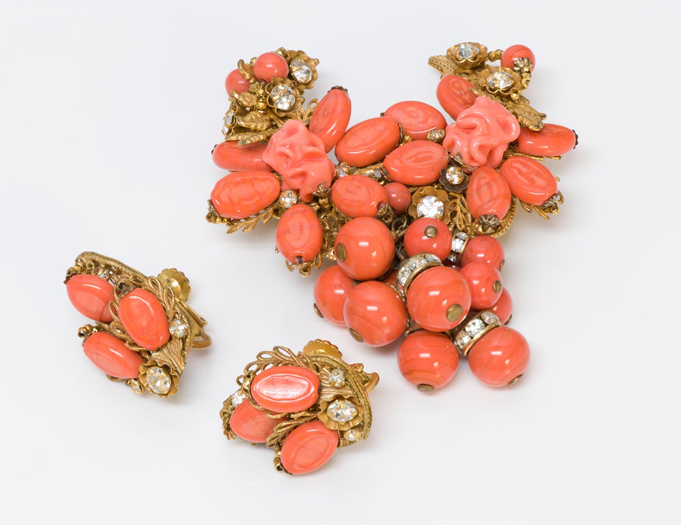 Miriam Haskell Faux Coral Glass Brooch Earrings