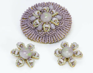 Miriam Haskell Gripoix 1950’s Purple Glass Flower Brooch Earrings