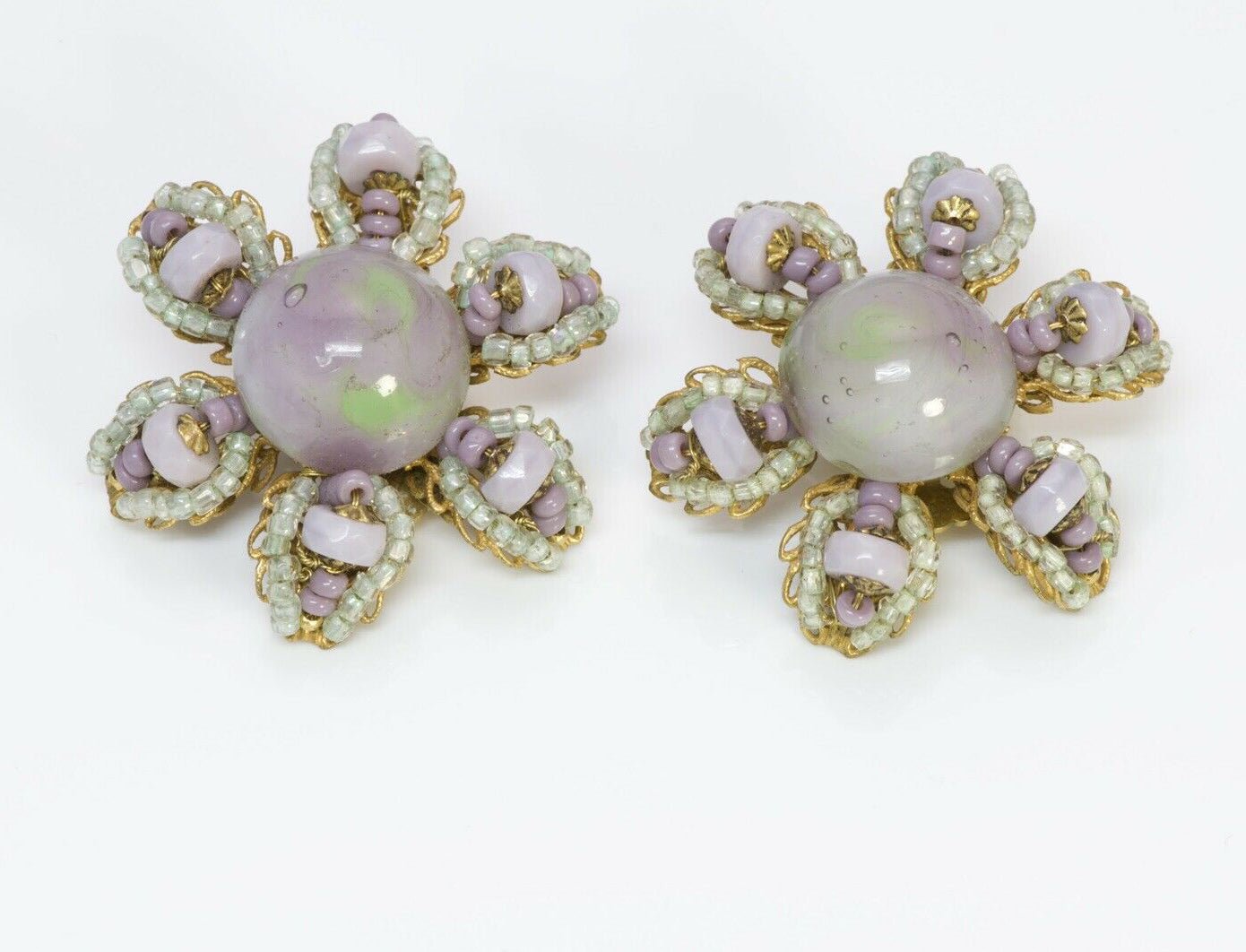 Miriam Haskell Gripoix 1950’s Purple Glass Flower Brooch Earrings
