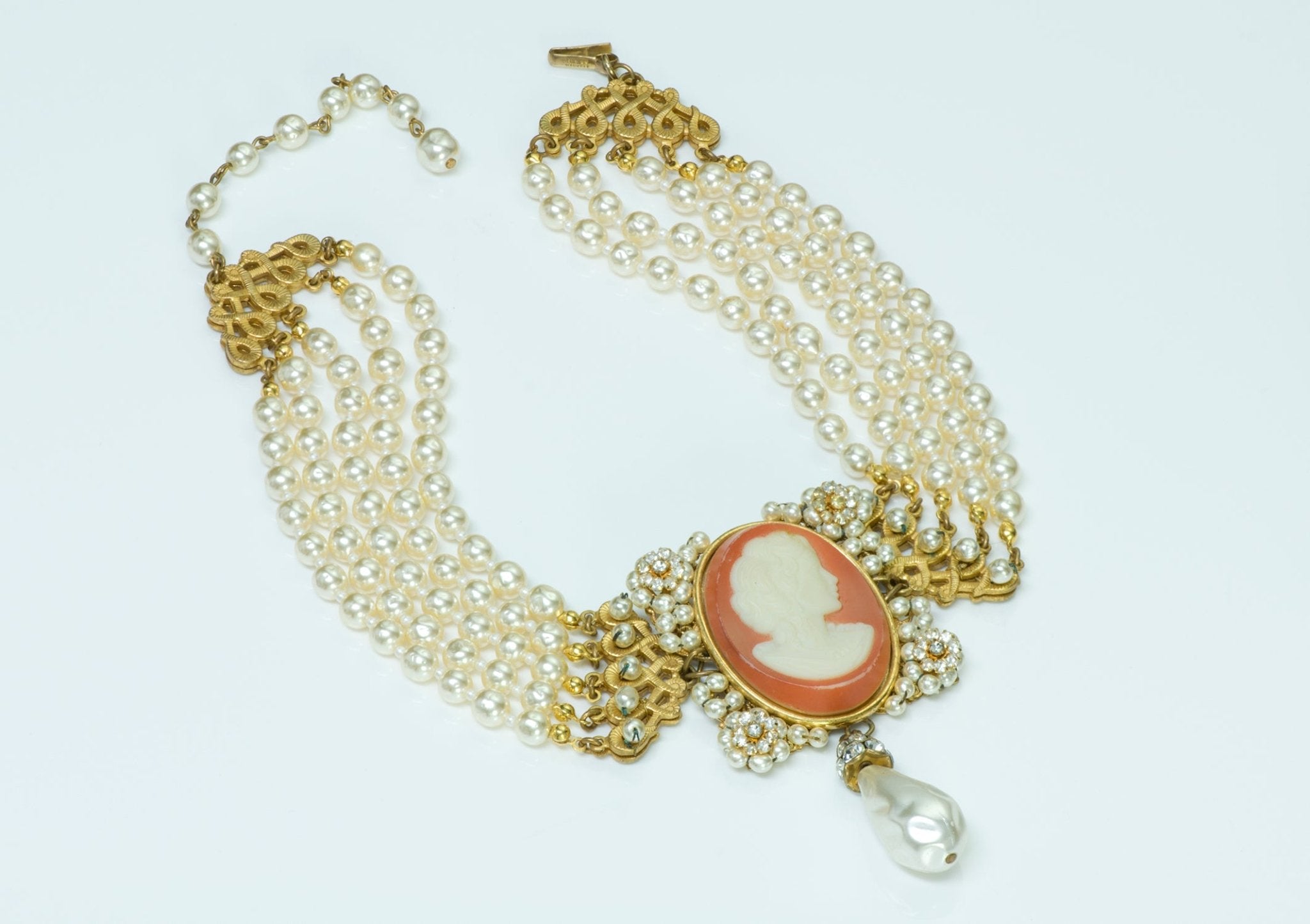 Miriam Haskell Victorian Style Cameo Pearl Necklace