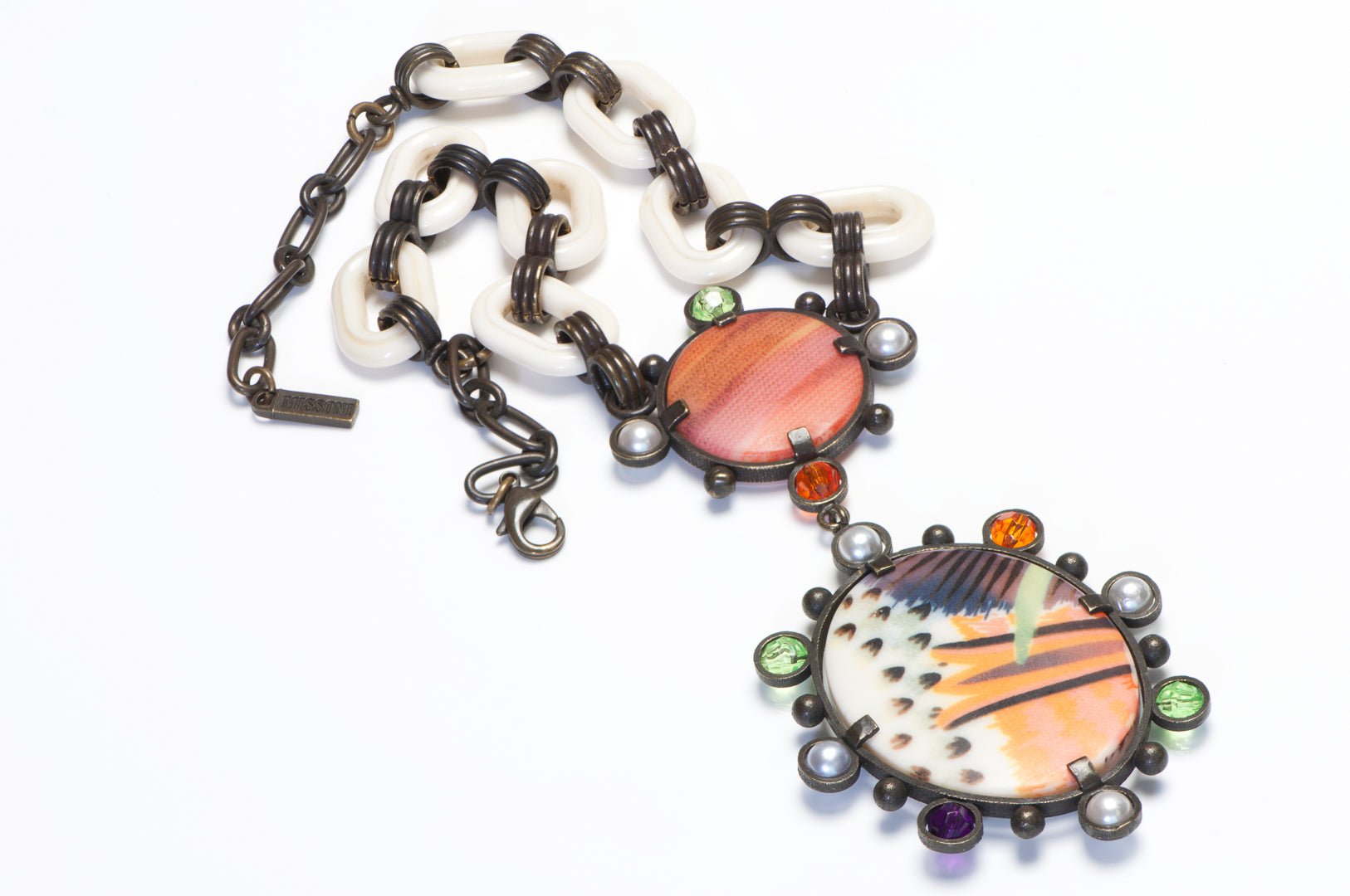 Missoni Orange Green Resin Crystal Pearl Chain Link Pendant Necklace