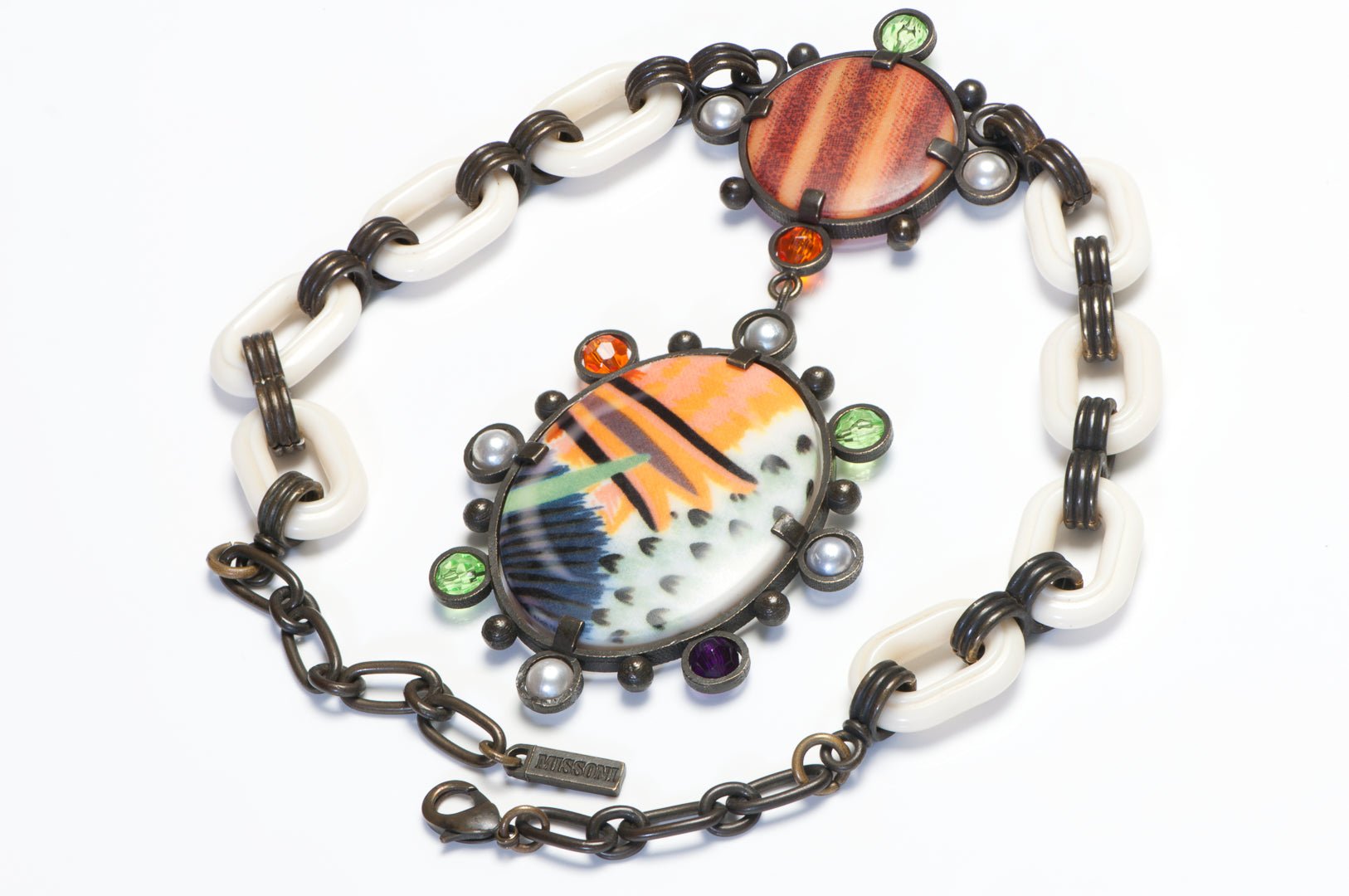 Missoni Orange Green Resin Crystal Pearl Chain Link Pendant Necklace