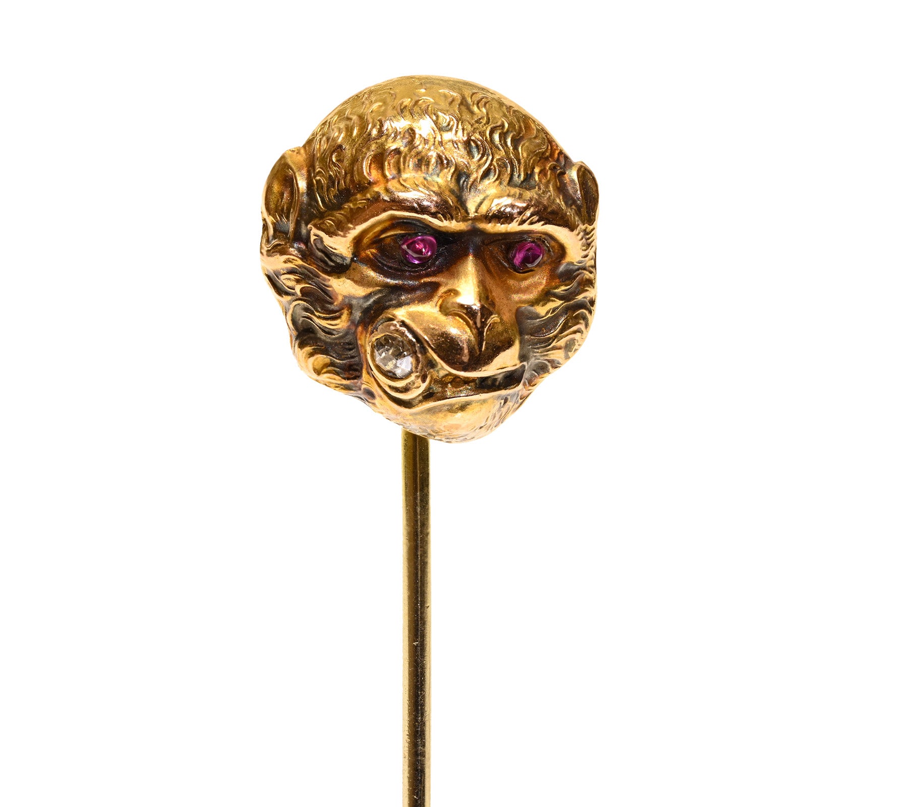 Antique Victorian Gold Monkey Head Stick Pin Ruby Eyes Diamond