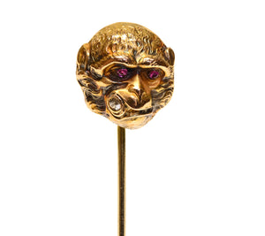 Antique Victorian Gold Monkey Head Stick Pin with Ruby Eyes and Diamond