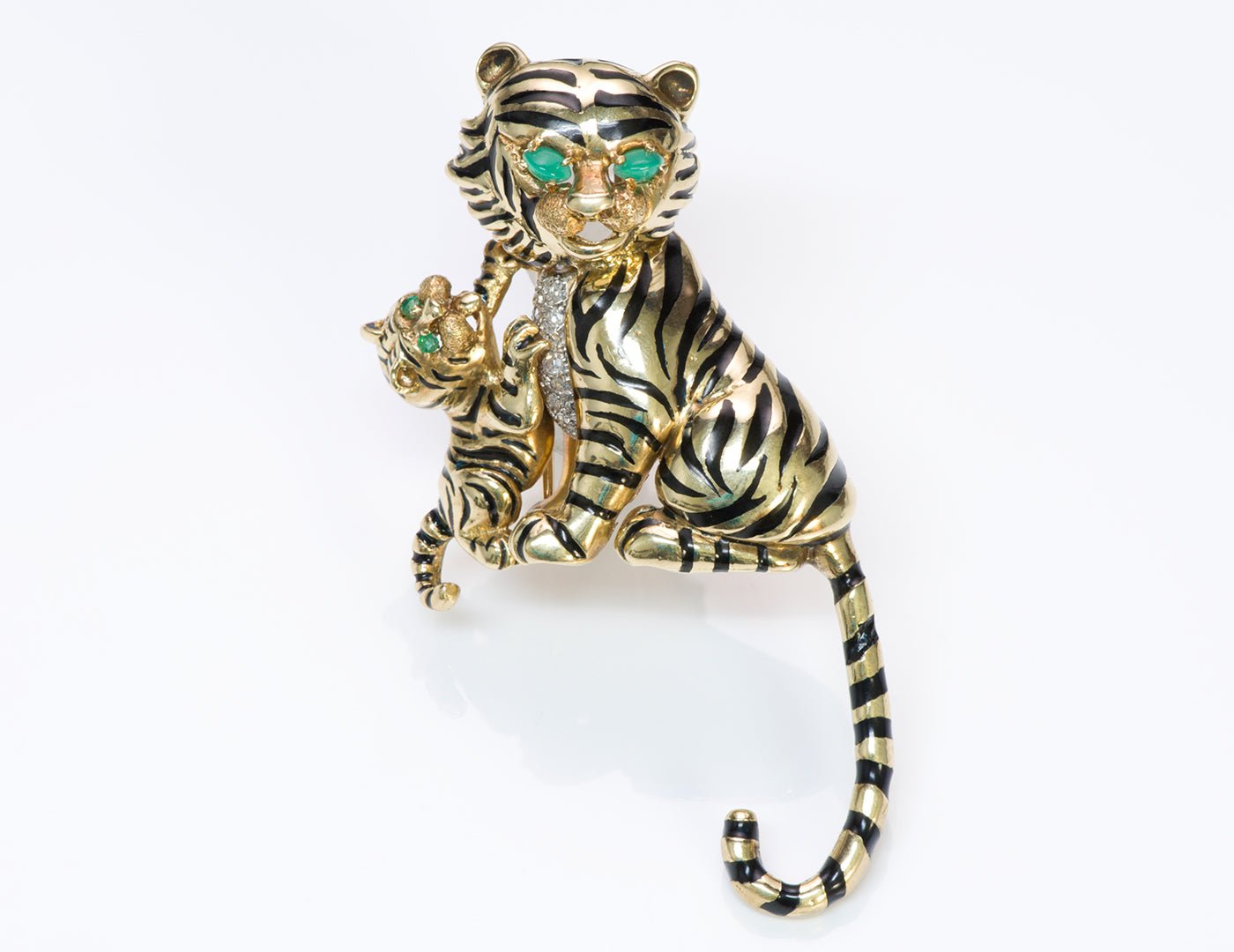 Montclair Diamond Emerald Chalcedony 18K Gold Enamel Tiger Brooch
