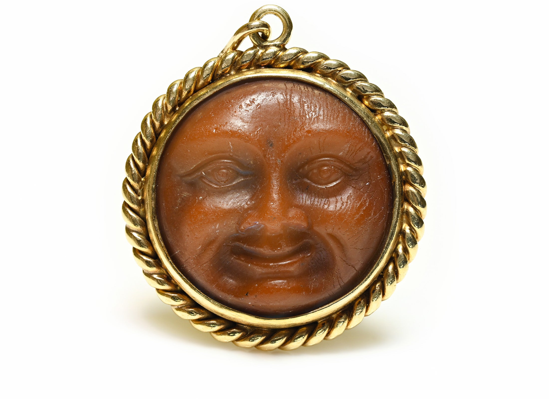 Victorian Carved Red Jasper Moon Face Pendant 14K Gold