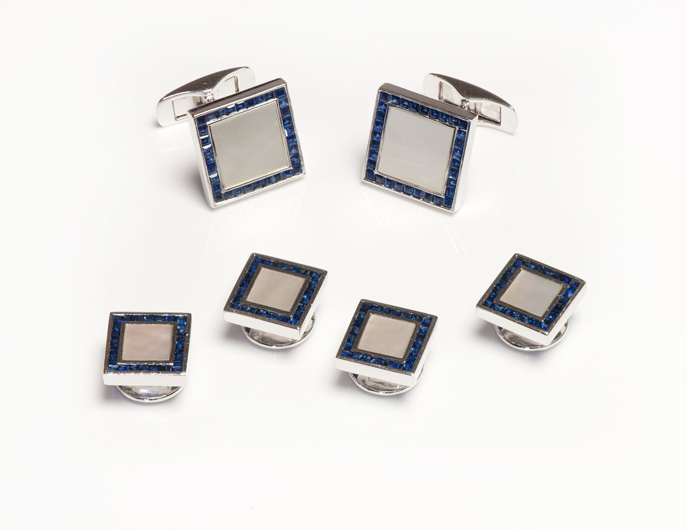 Mother of Pearl Sapphire 18K White Gold Cufflink Four Stud Set