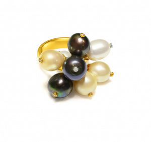 Tahitian & South Sea Pearl Cluster Ring in 18K Gold with Diamond Accents