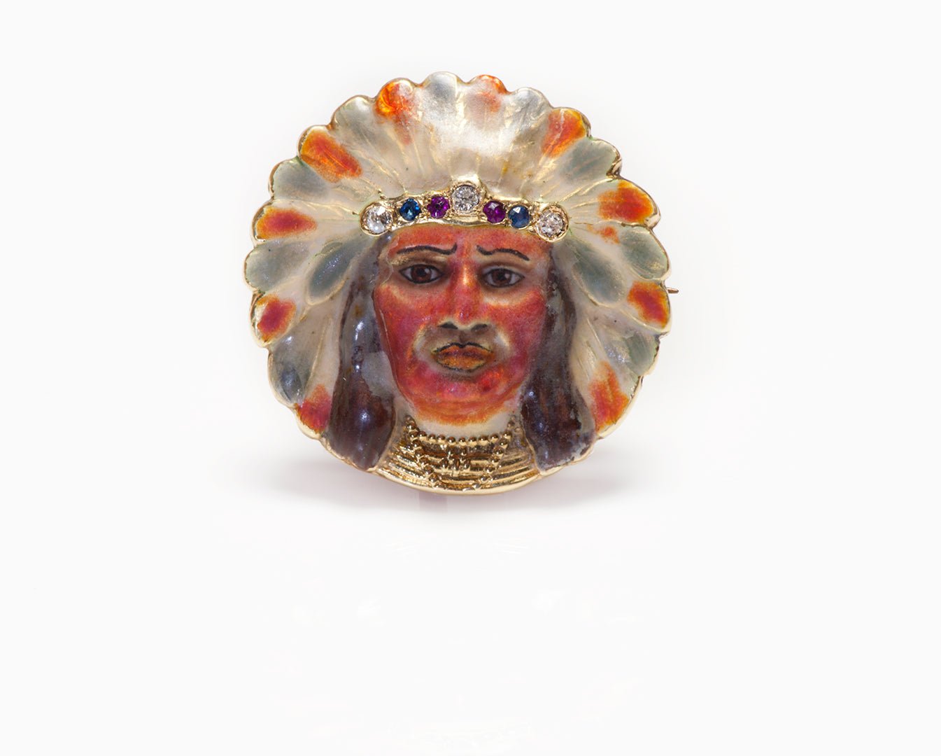 Native American Indian Chief Gold Enamel Gemstone Brooch