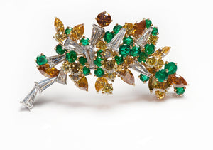 Natural Color Fancy Diamond and Emerald 18K Gold Brooch with GIA Report