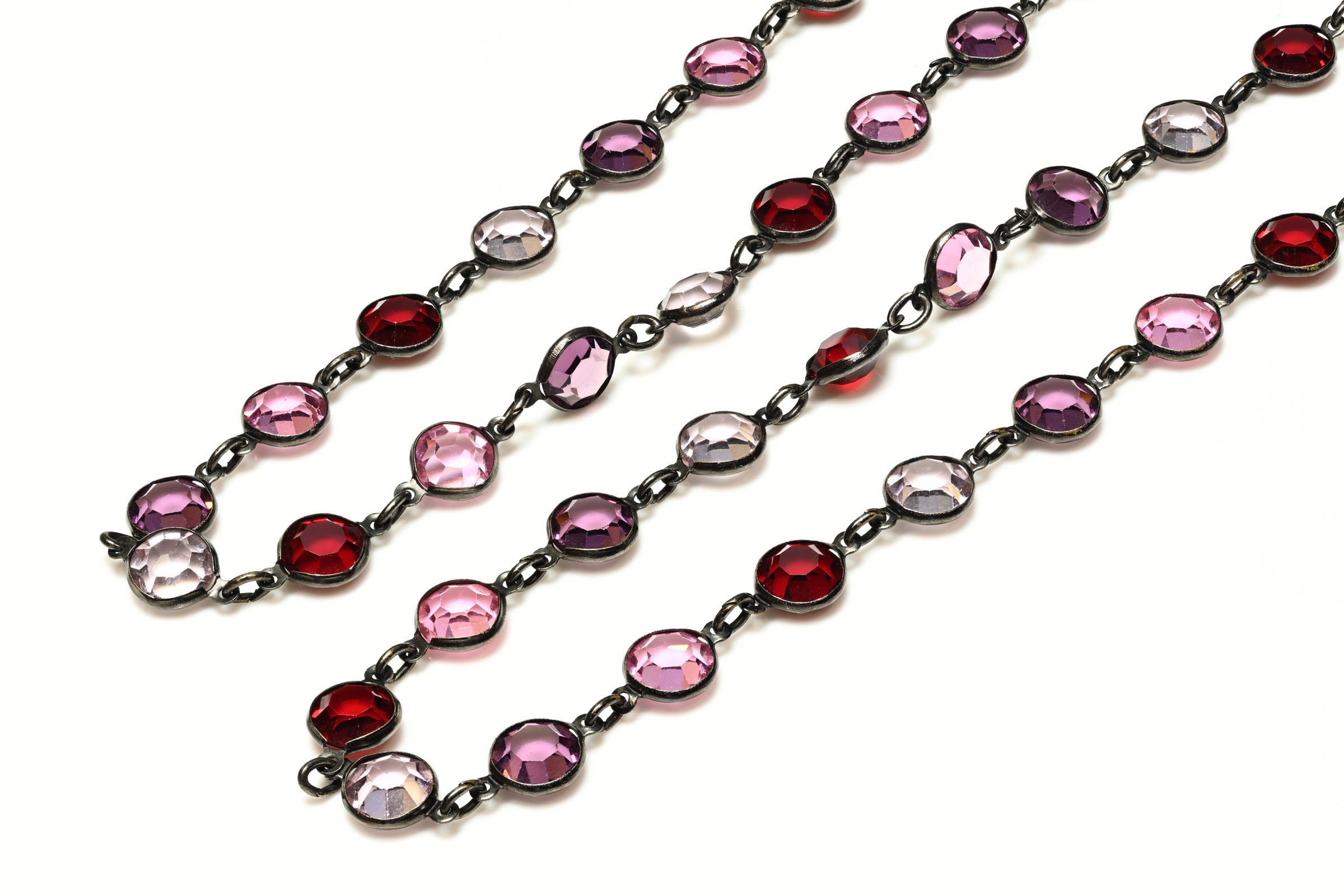 Vintage Austrian Rhuthenium Plated Red Pink Crystal Chiclet Sautoir 1