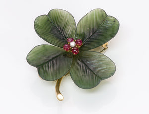 Nephrite Jade Ruby Diamond Gold Brooch Pin