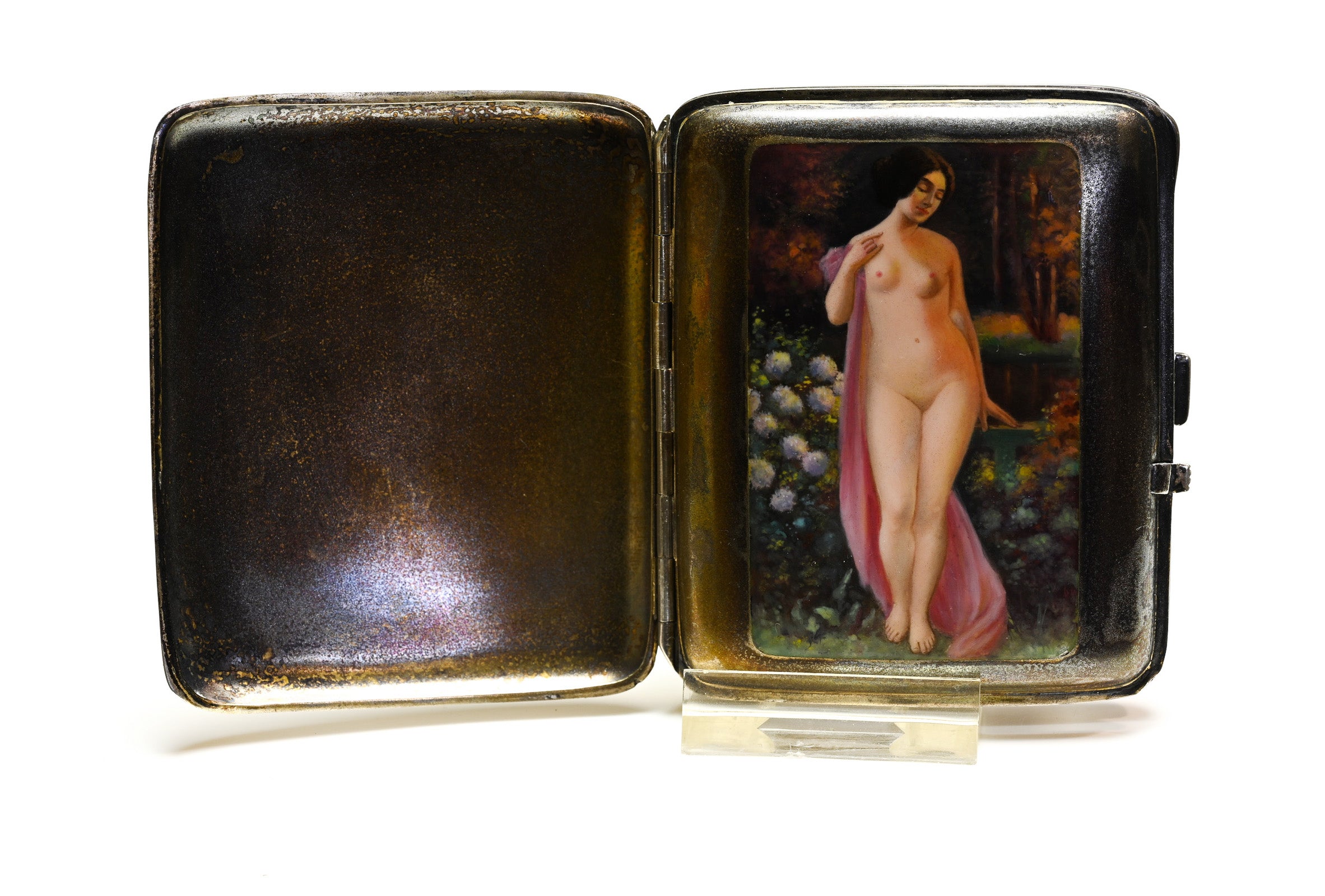 Antique Erotic Nude Enamel Silver Case: Mistress Lady 