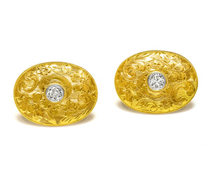 Elegant Antique Cufflinks with Old Mine Cut Diamond in Engraved 14K Gold