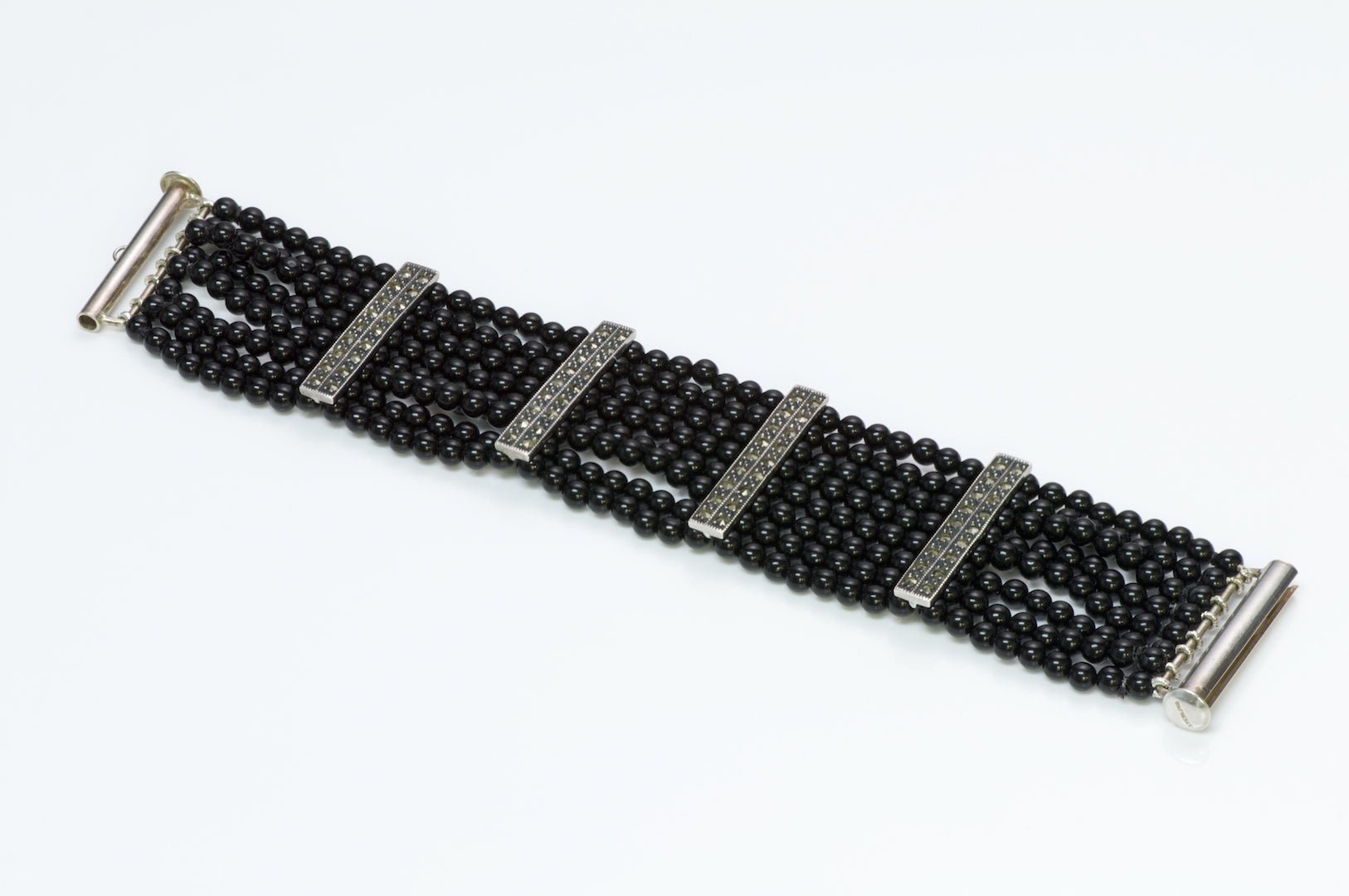 Onyx Marcasite Silver Beaded Bracelet