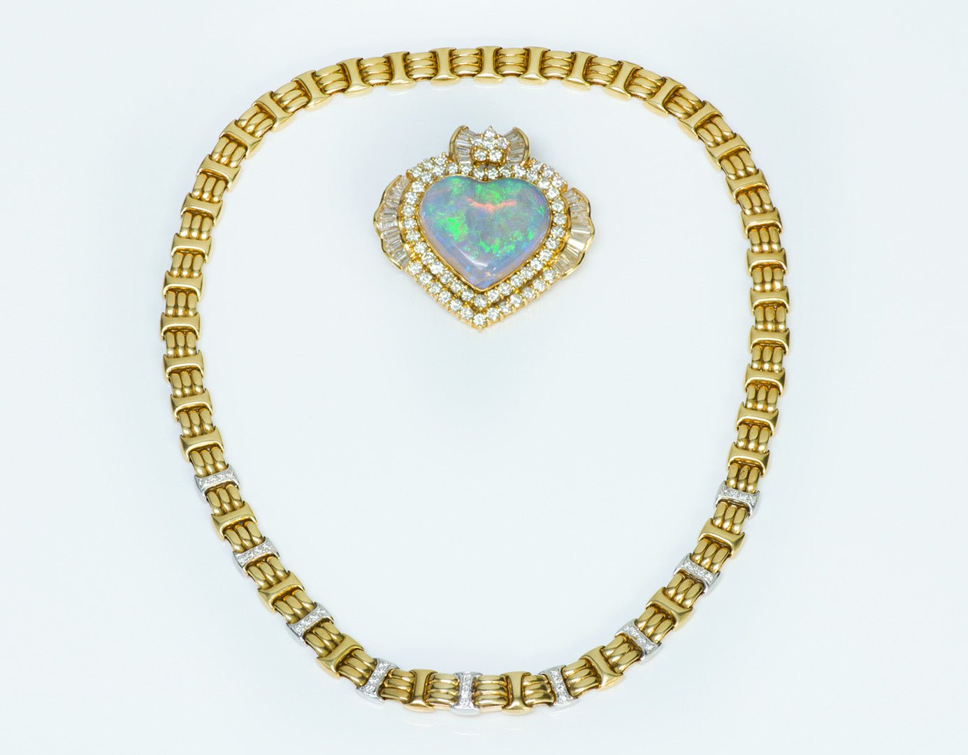 Opal Heart Gold Diamond Necklace Pendant Brooch